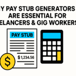 Illustration of a pay stub, calculator, and dollar sign showing income verification for freelancers and gig workers