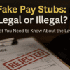 Rejected fake pay stub on clipboard with a judge's gavel in the background — blog cover image for article about the legality of fake pay stubs for rent or loan approval
