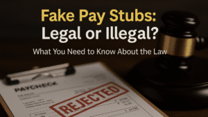 Rejected fake pay stub on clipboard with a judge's gavel in the background — blog cover image for article about the legality of fake pay stubs for rent or loan approval