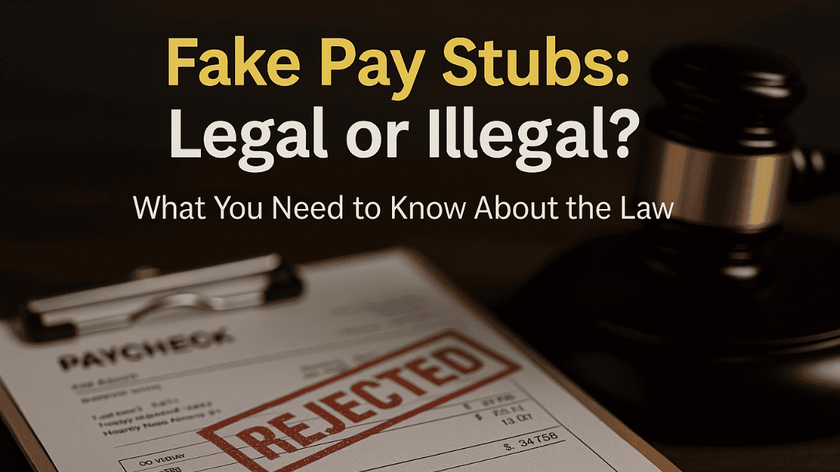 Rejected fake pay stub on clipboard with a judge's gavel in the background — blog cover image for article about the legality of fake pay stubs for rent or loan approval