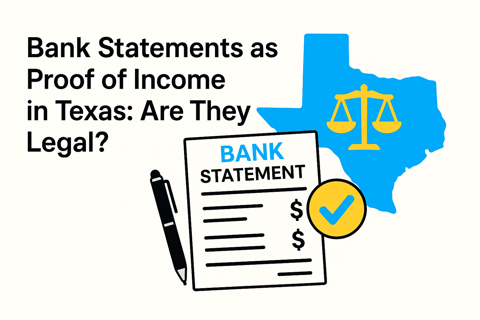 A graphic of Texas with a bank statement and checkmark, symbolizing legal proof of income