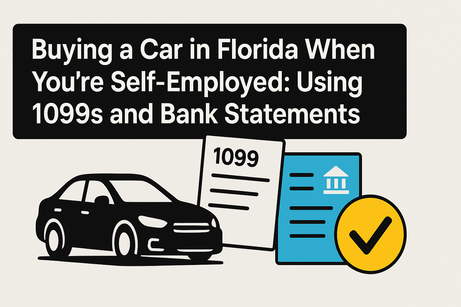 Buying a Car in Florida When You’re Self‑Employed: Using 1099s and Bank Statements 1 Illustration of a self‑employed person in Florida preparing 1099 forms and bank statements to buy a car