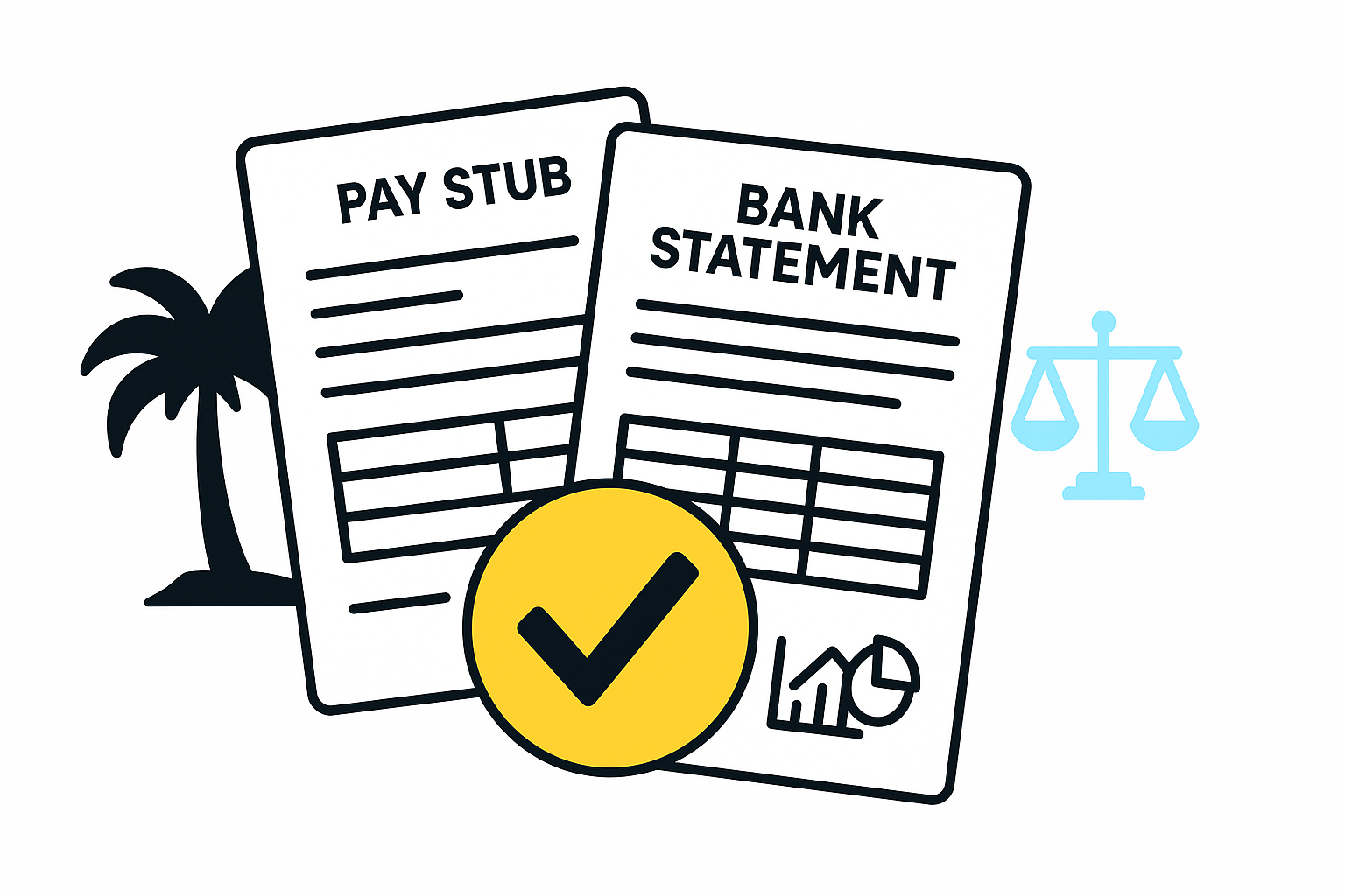 California Rentals Made Easy: Pay Stub & Bank Statement Rules Explained 1 Illustration of renters in California sorting through pay stubs and bank statements for a rental application