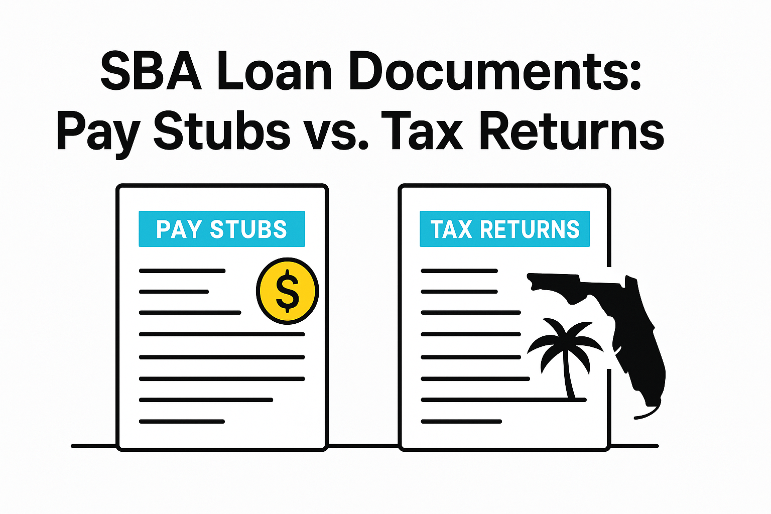 SBA Loan Documents for Small Businesses in Florida: Pay Stubs vs. Tax Returns 1 Illustration of SBA loan document preparation showing pay stubs, tax forms and a Florida small business owner