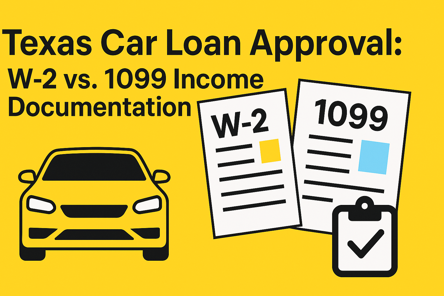 Texas Car Loan Approval: W‑2 vs. 1099 Income Documentation 1 Illustration of car loan documents in Texas with W‑2 and 1099 forms