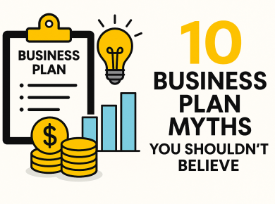 Illustration of a business plan checklist with coins, bar chart, and lightbulb beside the text ‘10 Business Plan Myths You Shouldn’t Believe