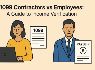 Illustration showing a freelancer with a 1099 form and an employee with a payslip, representing income verification differences