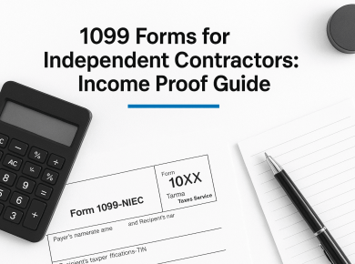 1099 forms for independent contractors with calculator, pen, and income proof paperwork
