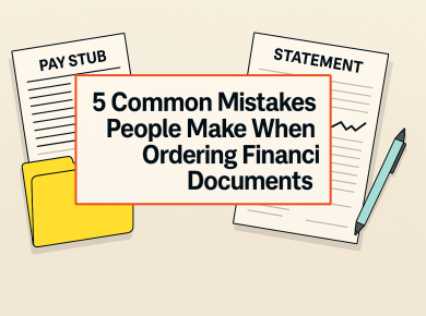 Illustration showing a pay stub, a bank statement, and a folder, with the title ‘5 Common Mistakes People Make When Ordering Financial Documents’ in bold text