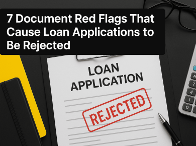 Documents with warning symbols illustrating red flags that cause loan applications to be rejected