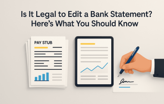 Person reviewing a bank statement with a justice scale icon, illustrating legal vs fraudulent edits and compliance best practices