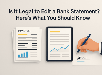 Person reviewing a bank statement with a justice scale icon, illustrating legal vs fraudulent edits and compliance best practices