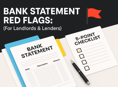 Illustration of a landlord and lender reviewing bank statements with a 5-point checklist