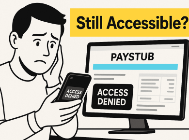 "Ex-employee viewing paystubs online after termination on a laptop screen