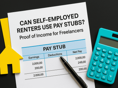 Self-employed renters pay stubs — proof of income for freelancers shown with pay-stub form, calculator, pen, and house icon