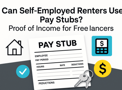 Illustration of a pay stub with house and money icons showing proof of income for self-employed renters