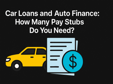 Car loans and auto finance illustration with yellow car, pay stubs, and dollar sign