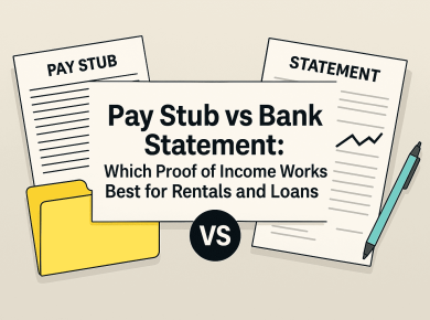 Pay stubs and bank statements with a calculator — proof of income for rentals and loans