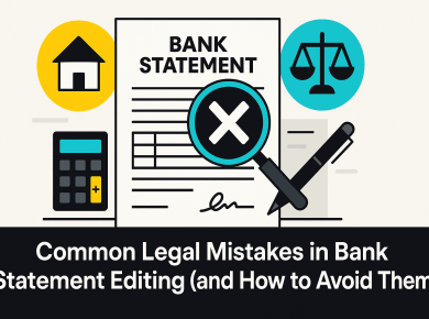 Illustration showing legal compliance checks for bank statement editing with calculator, home, and justice scale icons