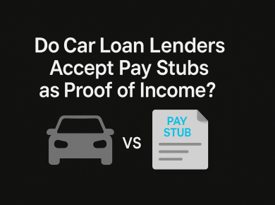 Graphic showing a car icon and a pay stub icon with the text “Do Car Loan Lenders Accept Pay Stubs as Proof of Income?”