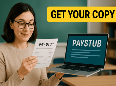 Teacher holding a pay stub and a laptop showing PAYSTUB — get a copy of my pay stub as a teacher