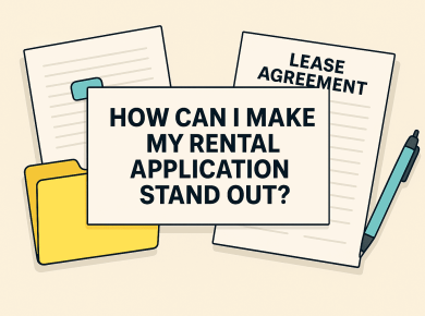 Applicant organizing pay stubs, bank statements, and a cover sheet for a rental application
