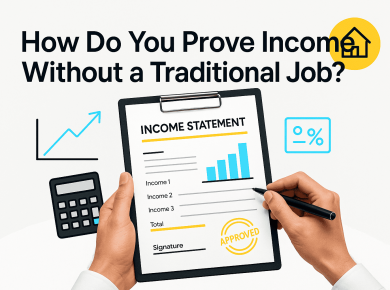 Illustration of proving income without a traditional job, with a clipboard showing an income statement marked approved, calculator and growth chart icons.