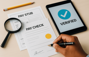 Landlords and loan officers reviewing pay stubs with verification tools and databases; compliance-focused illustration