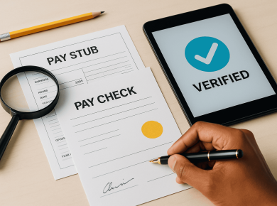 Landlords and loan officers reviewing pay stubs with verification tools and databases; compliance-focused illustration