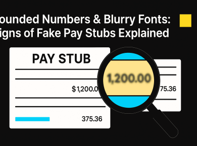 Alt="Rounded numbers and blurry fonts on a pay stub showing signs of fake pay stubs"