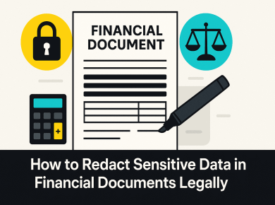 Illustration showing lawful redaction of sensitive data in financial documents with a marker, lock, calculator, and justice scale icons