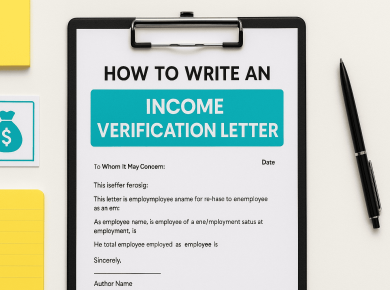 Clipboard with a draft income verification letter template, pen, and financial icon, illustrating how to write a proof of income letter