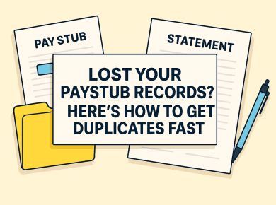 Illustration of securely retrieving duplicate pay stubs from payroll archives