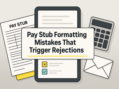 Reviewer rejecting a pay stub because of formatting and legibility errors