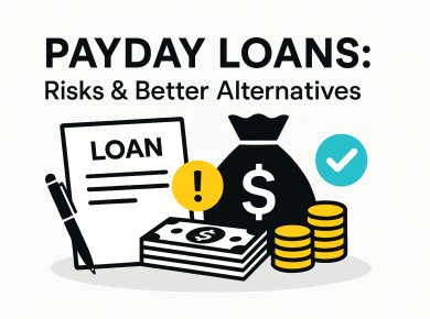 Illustration of payday loans showing loan agreement, money bag, coins, and risks vs better alternatives