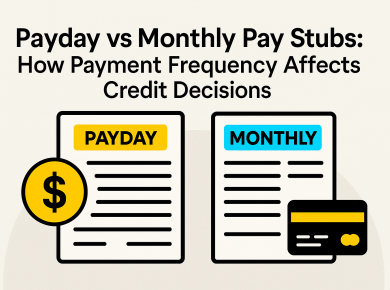 Comparison of payday vs monthly pay stubs showing how pay frequency affects credit decisions