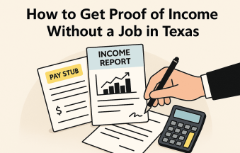 Proof of income without a job in Texas — realistic documents, pay stub, and calculator on desk