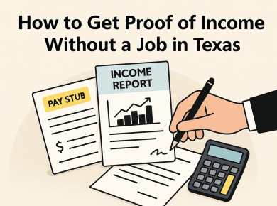 Proof of income without a job in Texas — realistic documents, pay stub, and calculator on desk
