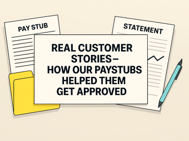 Real customer stories: paystub proof of income—illustration with pay stub, bank statement and folder