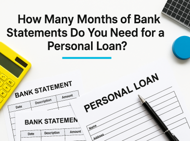 “Stack of bank statements and a personal loan form with a yellow calculator and pen.”