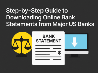 Step-by-step guide to downloading online bank statements from major US banks with icons of balance scale, bank statement, and computer download symbol