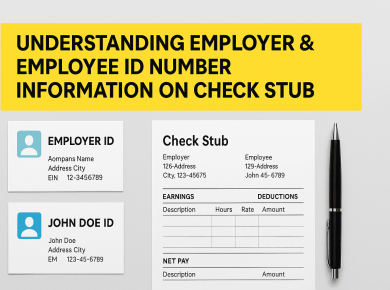 Illustration showing employer ID and employee ID details alongside a sample check stub layout, highlighting where to find identification numbers
