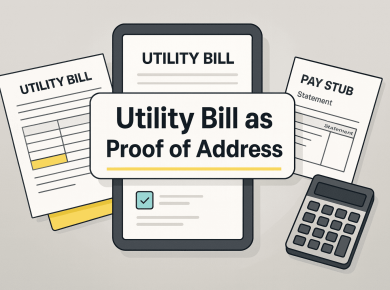 Example US/UK/Canada utility bill alongside pay stubs and a bank statement used to verify address and income