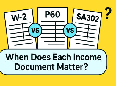 Illustration showing W-2, P60 and SA302 income documents with a question mark and the text ‘When Does Each Income Document Matter?