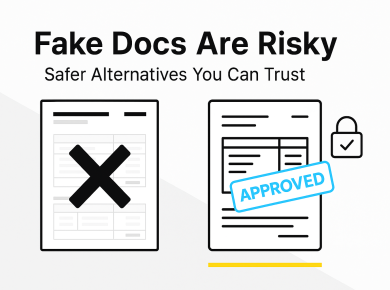 Illustration showing a fake document marked with an X and a genuine document approved as a safer alternative.