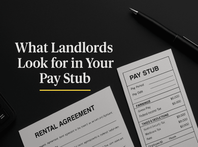 "What landlords look for in your pay stub – rental agreement and pay stub on desk with pen."