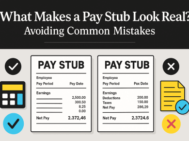 Two sample pay stubs side by side with check marks and warning icons, showing correct formatting versus common mistakes