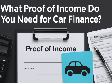 Proof of income form and car icon on a clipboard representing car finance documentation
