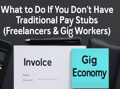 An informative guide about what to do if freelancers and gig workers don’t have traditional pay stubs, featuring an invoice and notes about the gig economy