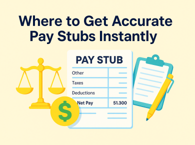 Illustration of a pay stub with balance scale, dollar sign, and clipboard, highlighting where to get accurate pay stubs instantly